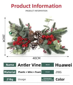 Detail of Christmas Horn Vine decoration showing pine cones and berries, 40x28cm size