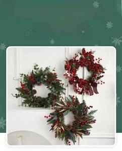 Detailed trio of Christmas wreaths with red berries pine cones and plaid ribbons decorations