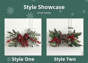 Detail of Christmas buffalo plaid bow and eucalyptus leaves on holiday wall hangings