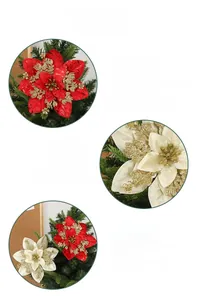 Detail showing double-layer poinsettia with gold glitter edges and green pine needles