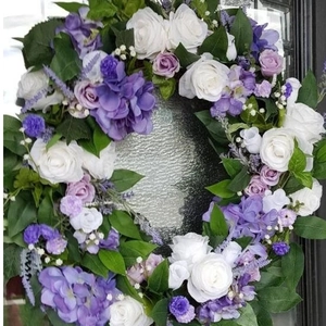 Detailed view of the purple hydrangea and white rose artificial spring door wreath