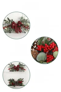 Detailed view of Christmas rattan decor with pine needles, pine cones and plaid bow