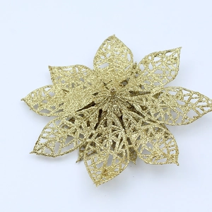 Golden glitter artificial poinsettia flower with hollow mesh petals for Christmas tree