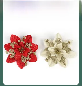 Macro shot of artificial Christmas flowers with glittered edges for tree decoration