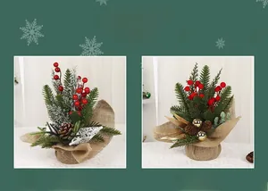Detailed close-up of mini Christmas trees with red berries and burlap bases