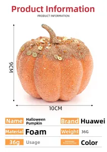 Macro detail of Halloween foam pumpkin with orange glitter, sequins and 10x9cm size chart