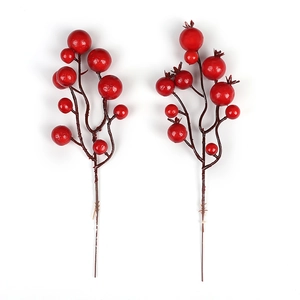 Two artificial red berry stems with glossy foam fruits for Christmas tree DIY decor