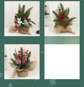 Detailed views of small artificial Christmas trees with burlap bases and pine cones