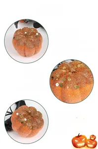 Macro detail of pumpkin ornament with golden glitter and colorful sparkling sequins