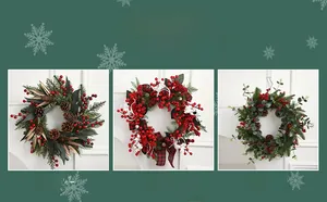 Detailed comparison of three Christmas wreaths with pine cones, red berries and ribbons