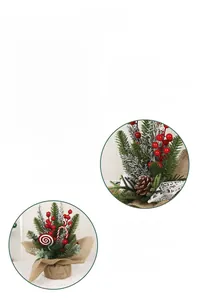 Detailed view of handmade Christmas cedar tree with pine cones and burlap base