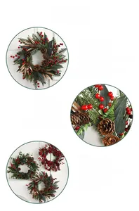 Detailed view of Christmas wreath featuring pine needles, red berries and pine cones