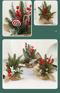 Detailed close-up of Christmas cedar tree with red berries, pine cones and rustic burlap base