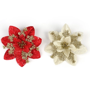 Glitter poinsettia artificial Christmas flowers in red and cream for tree decoration