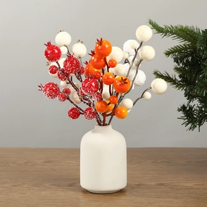 Artificial Christmas Berry Branches With Snowy Effect Plastic Foam Red Pomegranate Fruit Stem For Home Holiday Table Decoration
