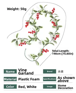 Detail showing 190cm Christmas garland with artificial red berries and green leaves