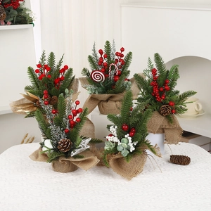 Mini Artificial Christmas Tree Tabletop Ornament With Wood Plastic Iron Material Burlap Base Berries For Home Office Decor
