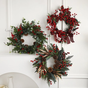 Artificial Christmas Wreath With Pinecones Red Berries Buffalo Plaid Bow Simulation Greenery Wall Door Hanging Decoration Holiday Ornament