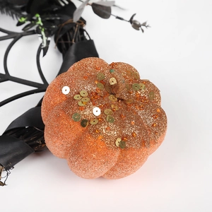 Sparkling orange foam pumpkin ornament with gold sequins and beads for Halloween decor