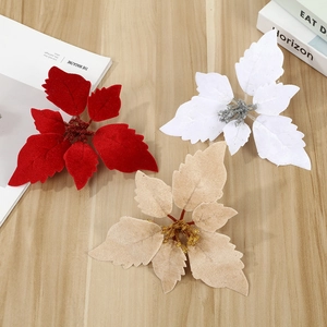 Glitter Artificial Christmas Poinsettia Flowers Flocked Velvet Fake Flowers For Christmas Tree Decoration Party Home Floral Decor