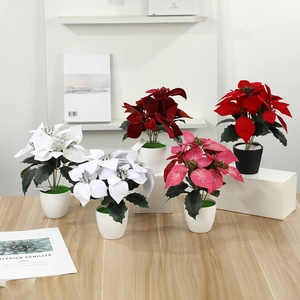 Artificial Poinsettia Potted Plant Christmas Flower For Home Indoor Table Decoration Faux Greenery Festive Ornament