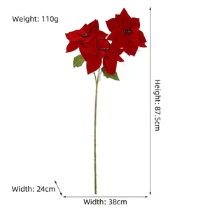 Red velvet artificial poinsettia Christmas flower spray with glitter centers, 87.5cm tall