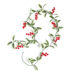 Artificial Christmas holly berry garland with red berries and green leaves for decor