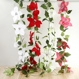 Artificial Christmas Poinsettia Flower Garland For Home Festival Decor Glitter Floral Hanging Vine Decoration Accessory