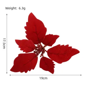 Red velvet Christmas artificial leaves with glitter stamen for festive DIY decor
