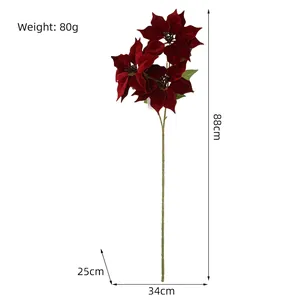 Deep red artificial Poinsettia Christmas flower stem 88cm for festive home decoration