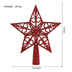 Hollow red glitter star Christmas tree topper with elegant European scroll patterns