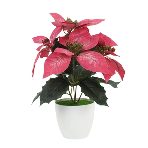 Artificial poinsettia plant in a white pot for indoor Christmas home decoration