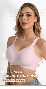 Detail of pink V-neck yoga bra featuring breathable mesh insert and semi-fixed padding