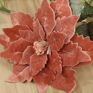 Fleur de poinsettia artificielle en velours rose poudré sur fond de bois pour Noël