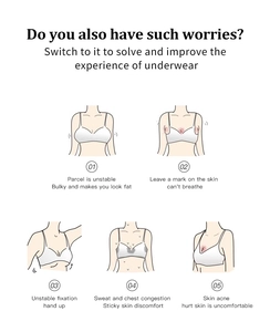 Illustrations showing five common bra wearing issues and pain points resolved by this bra