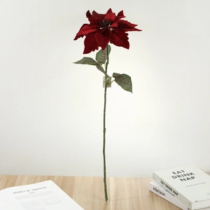 Tige de poinsettia artificiel aux pétales de velours rouge pour décor de Noël