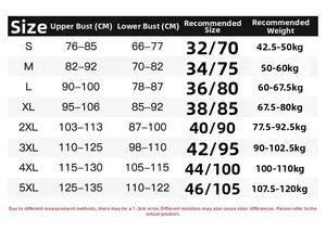 Size chart for high-impact sports bra showing measurements from S to 5XL in centimeters