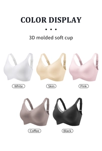 Multi-color display of 3D molded seamless soft cup bras in white, pink and black