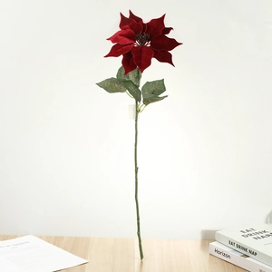Poinsettia artificiel en velours rouge avec feuilles pour décoration de Noël