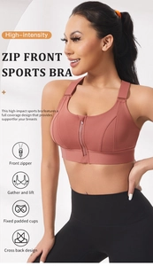 Front zipper high-intensity sports bra with cross-back design and wide straps