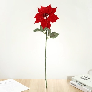 Poinsettia artificiel réaliste en velours rouge avec feuilles vertes pour décor de Noël