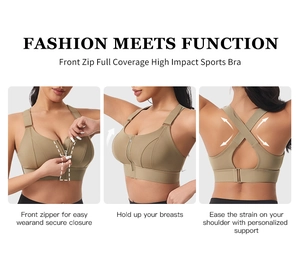 Detailed view of high-impact sports bra featuring front zipper and wide supportive band