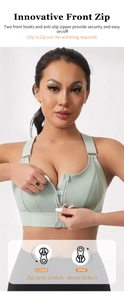 Front zipper high-impact sports bra in sage green with non-slip lock and double hooks