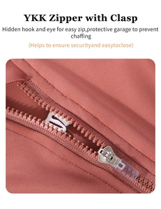 Close-up of premium YKK zipper and hook closure on terracotta high-impact sports bra