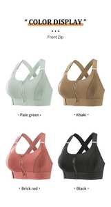 Front zip sports bras shown in four colors with wide cross straps and high support design