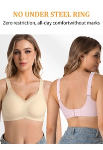Detail of wide adjustable straps and back buckle on seamless V-neck wireless bras