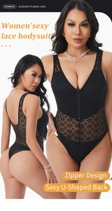 Detail eines schwarzen Spitzen-Bodysuit mit Front-Reißverschluss und U-Rückenausschnitt