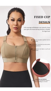 Front zipper high-impact sports bra with wide straps and fixed molded cups detail