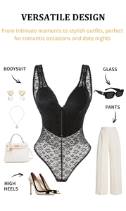 Flachbild von schwarzem Spitzen-Body mit tiefem V-Ausschnitt und weißen Accessoires