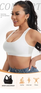 Detailed view of white high-impact sports bra with mesh panels and cross-back design